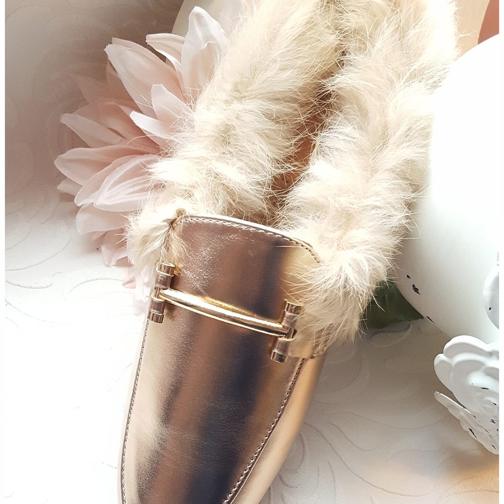 Rose Gold Faux Fur Trimmed Mule - Picture 2 of 8